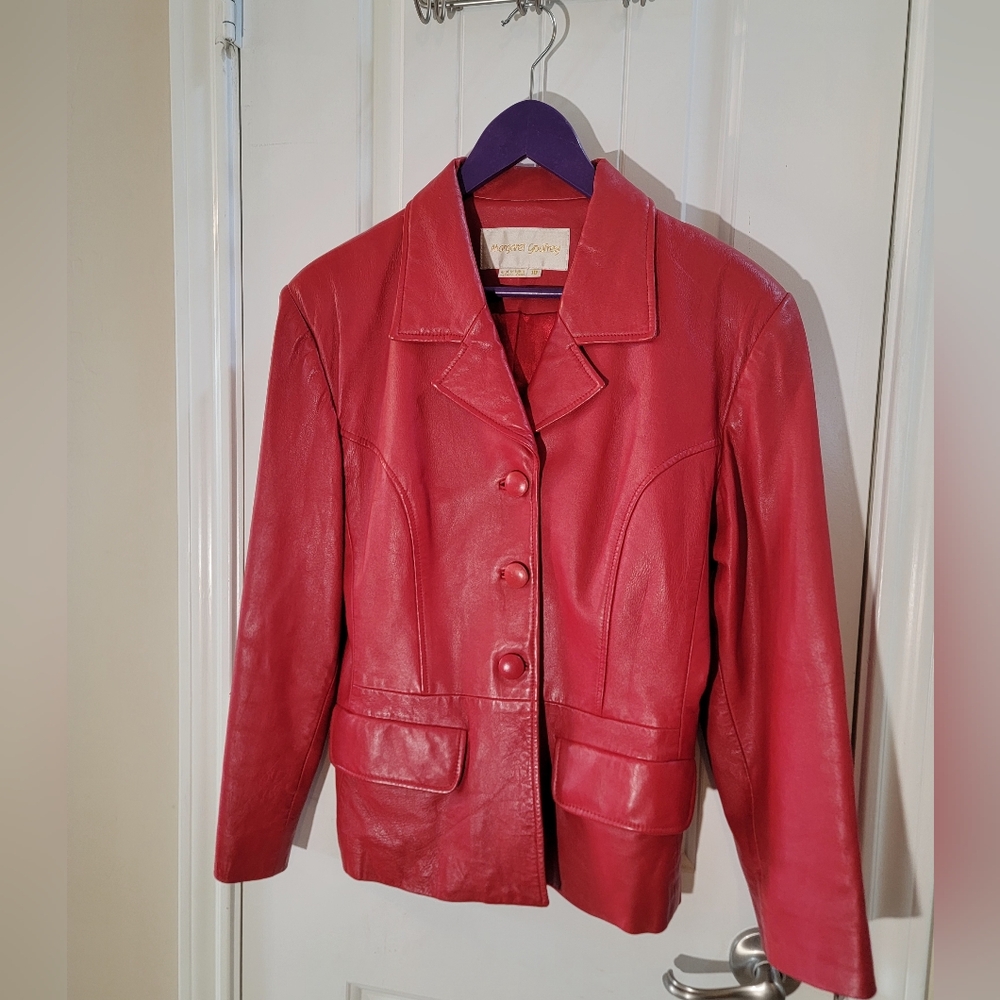 Vintage Margaret Godfrey Red Leather Jacket Fitted Button Blazer